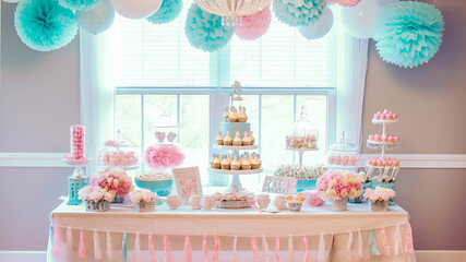 Gender reveal party, Big and delicious pink and blue baby gender reveal party cake on festive table with party decoration. Boy or girl celebration