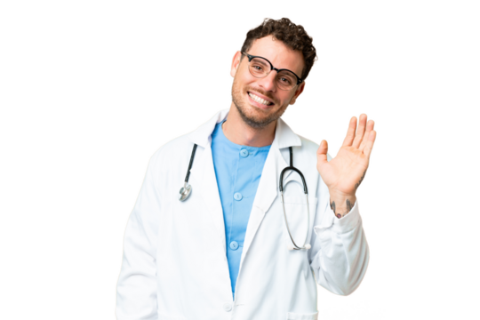 Brazilian doctor man over isolated chroma key background saluting with hand with happy expression