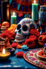 A background to promote day of dead mexican celebration with mexican skulls, guitar, candles and ornaments. Create with generative ai.