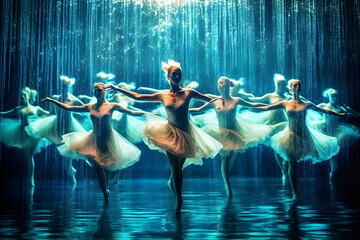 A group of synchronized swimmers in ballet style performing an elegant routine in a sparkling pool, illuminated by the soft glow of underwater lights - obrazy, fototapety, plakaty