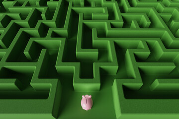 Pink piggy bank at the entrance of a green maze. Illustration of the concept of direction and strategy of financial investment - obrazy, fototapety, plakaty