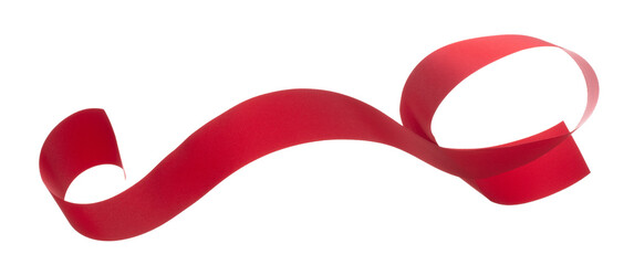 Red ribbon long straight fly in air with curve roll shiny. Red ribbon for present gift birthday party to wrap around decorate and make of textile cloth long straight. White background isolated