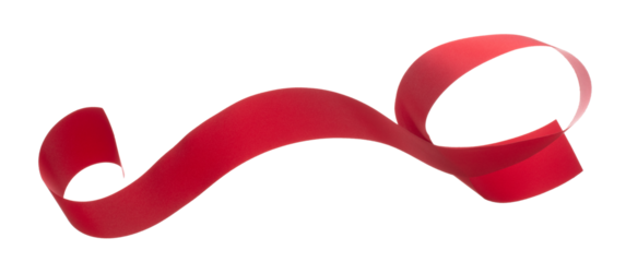 Red ribbon long straight fly in air with curve roll shiny. Red ribbon for present gift birthday party to wrap around decorate and make of textile cloth long straight. White background isolated
