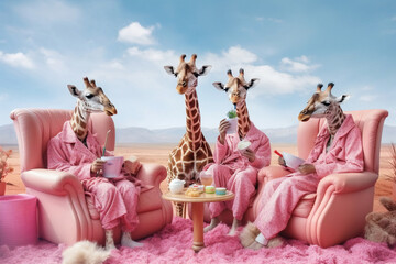 Abstract, modern group of giraffes dressed in pink bathrobe, sitting outside in the nature and posing as a human. Trendy hipsters, animals in casual fashion suits. Illustration. Generative AI.