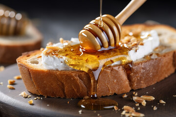 Close-up of a delicious toast with yogurt and honey