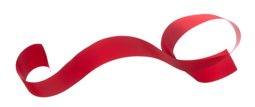 Red ribbon long straight fly in air with curve roll shiny. Red ribbon for present gift birthday party to wrap around decorate and make of textile cloth long straight. White background isolated