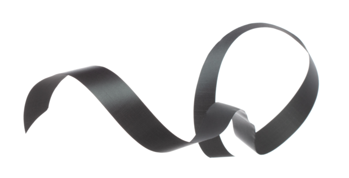 Black ribbon long straight fly in air with curve roll shiny. Black ribbon for present gift birthday party to wrap around decorate and make of textile cloth long straight. White background isolated