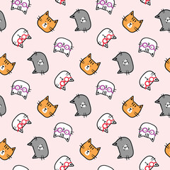 Seamless Pattern with Cute Cartoon Cat Face Design on Light Pink Background