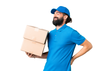 Delivery caucasian man over isolated chroma key background suffering from backache for having made an effort