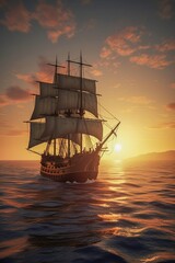 Obraz premium Frigate sailing under full sail at sunset. Generative AI