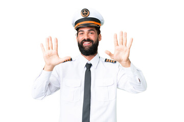 Airplane caucasian pilot man over isolated chroma key background counting ten with fingers