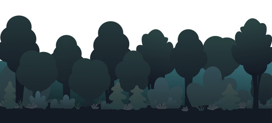 Edge of dense forest. Night landscape nature. Discreet dark twilight. Horizon illustration. Cartoon fun style. Flat design. Isolated on white background. Vector