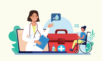 Psychological counseling concept. Vector online psychological assistance service illustration Disabled women take online consultation with female doctor via laptop first aid kit box