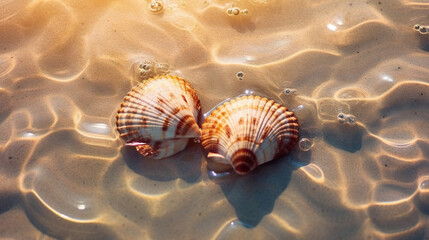 sells on sand at beach with transparent sea water,  summer unlight holidays, generative ai