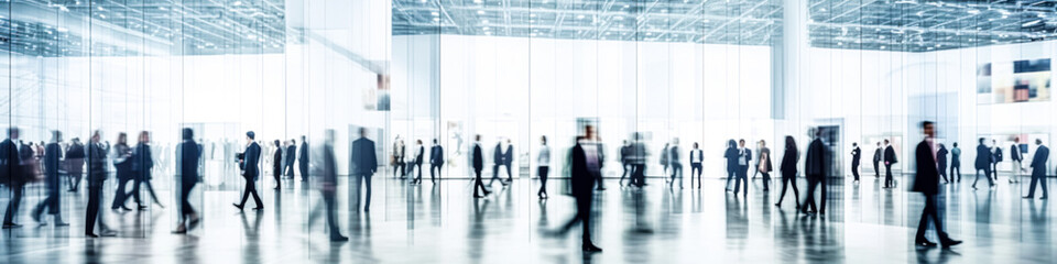 blurred business people walking at a trade fair, conference or walking in a modern hall, motion speed blur,  wide panoramic banner - obrazy, fototapety, plakaty