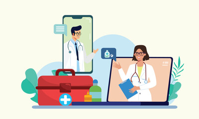 female and male doctor talking via mobilephone and laptop, Virtual meeting with doctor first aid kit box Psychological counseling concept. 