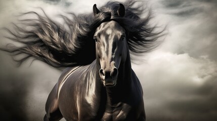 Naklejka na ściany i meble a black horse with its hair blowing in the wind on a cloudy day. generative ai