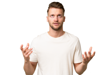 Young blonde caucasian man over isolated background stressed overwhelmed