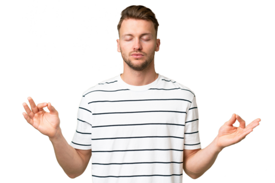 Young blonde caucasian man over isolated background in zen pose