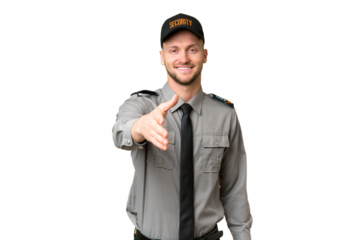Young security caucasian man over isolated background shaking hands for closing a good deal
