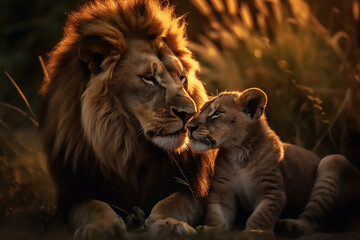 Lion loving his baby lion