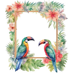 Watercolor tropical summer frame with bird, flowers and leaf. Generative AI