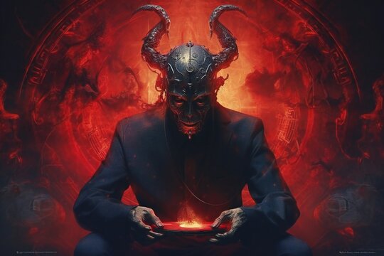 Dangers of Ai abstract artwork. Scary android devil is observing Generative AI