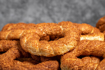 Turkish bagel. Round shaped sesame bagel. Pastry delicacies. Local name simit or gevrek