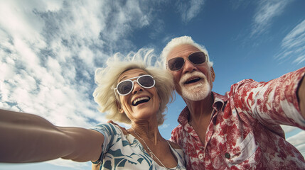 Active seniors taking selfies of them having fun outside blue sky on background - Powered by Adobe