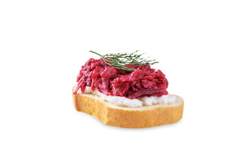 Ricotta beet salad bruschetta on a white isolated background