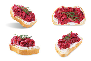 Ricotta beet salad bruschetta on a white isolated background