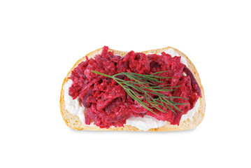 Ricotta beet salad bruschetta on a white isolated background