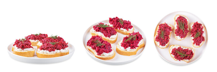 Ricotta beet salad bruschetta on a white isolated background