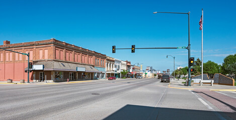 Distant view of First Street in downtown Havre, Montana, USA