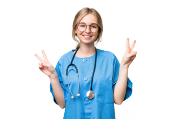 Young nurse English woman over isolated background showing victory sign with both hands