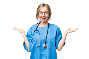 Young nurse English woman over isolated background with shocked facial expression