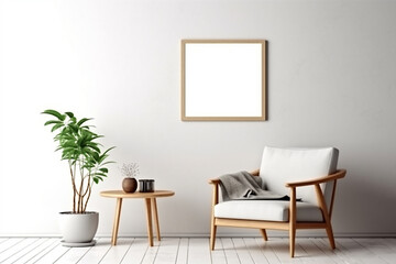 Blank picture frame mockup on gray wall. White living room design. generative AI