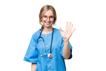 Young nurse English woman over isolated background counting five with fingers