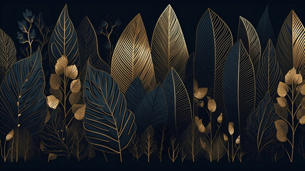 Luxury wallpaper design with Gold leaf and natural background. Leaves line arts design for fabric, prints and background texture, Vector illustration. Generative ai. - obrazy, fototapety, plakaty