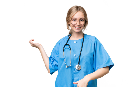 Young nurse English woman over isolated background making guitar gesture