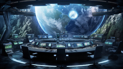 Scifi地球司令室、惑星シミュレータ、または惑星マスター戦略センター。ワイドフォーマット。ハンドエディションGenerativeAI