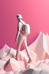 Man with backpack enjoys mountain view and nature. Sports, outdoor recreation, adventures in nature, vacation. Wilderness, adventure travel concept. AI generative.