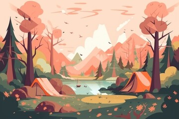  Nature landscape, poster design. Sunset camp with tents, pine forest, rocky mountains and lake. Travellers silhouettes Ai generative illustration