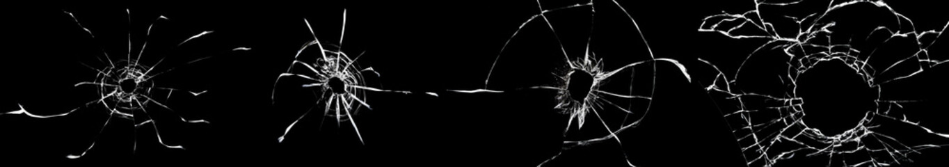 Set of cracked and chipped broken glass on black background. Abstract collage with cracked window...