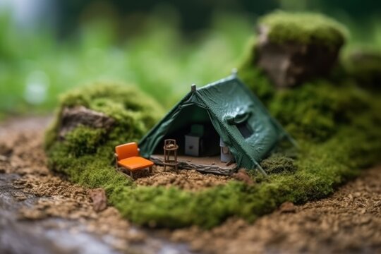 Miniature tent, tree and camper on green backdrop. Minimal camping concept. Nativity scene in the forest. Selective focus. AI generative