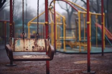 old swing on the background of the playground on a cloudy gray day, a mystical scary feeling generative ai