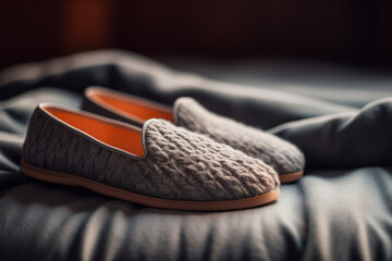 soft slippers in the bedroom close-up, home comfort concept. generative ai