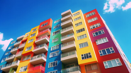 カラフルな住宅。各ユニットが異なる色で構成された集合住宅、アパート、複数階のレジデンシャルビルGenerativeAI