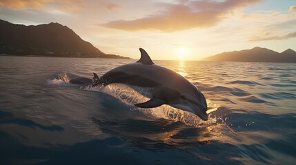  a dolphin is jumping out of the water at sunset or sunrise.  generative ai