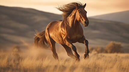 Fototapeta na wymiar a brown horse running through a field of tall brown grass. generative ai